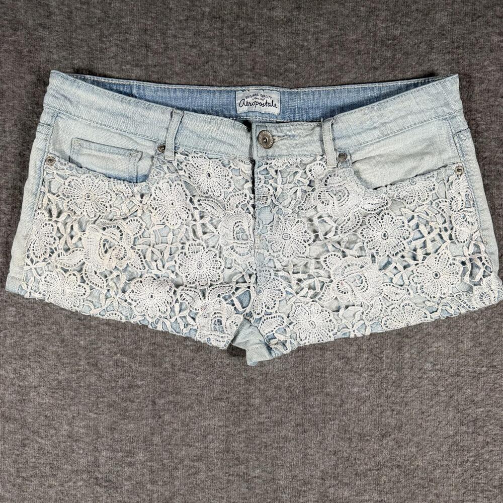 Aeropostale Womens 33W Crochet Lace Denim Shorty Shorts Y2K Low Rise BOHO Micro